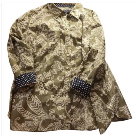 Talbot green/cream leaf button up shirt, trimmed polka dots, nwt - Picture 1 of 7
